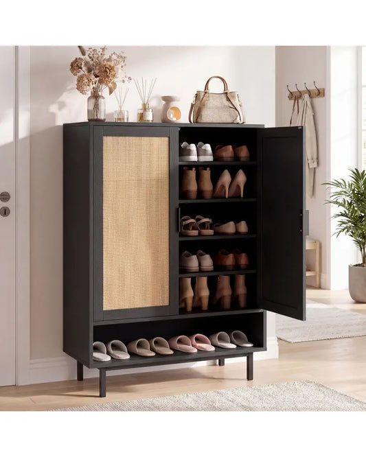 43 Inch 6-Tier Tall Shoe Cabinet with Double Doors-Black - Black - Shoe Racks & Storage Benches