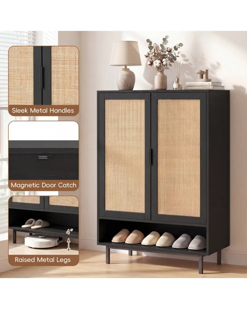 43 Inch 6-Tier Tall Shoe Cabinet with Double Doors-Black - Black - Shoe Racks & Storage Benches