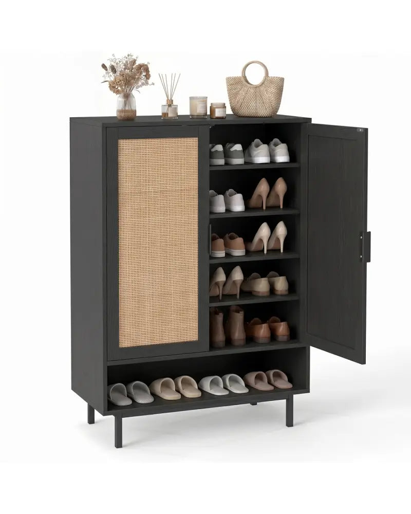 43 Inch 6-Tier Tall Shoe Cabinet with Double Doors-Black - Black - Shoe Racks & Storage Benches