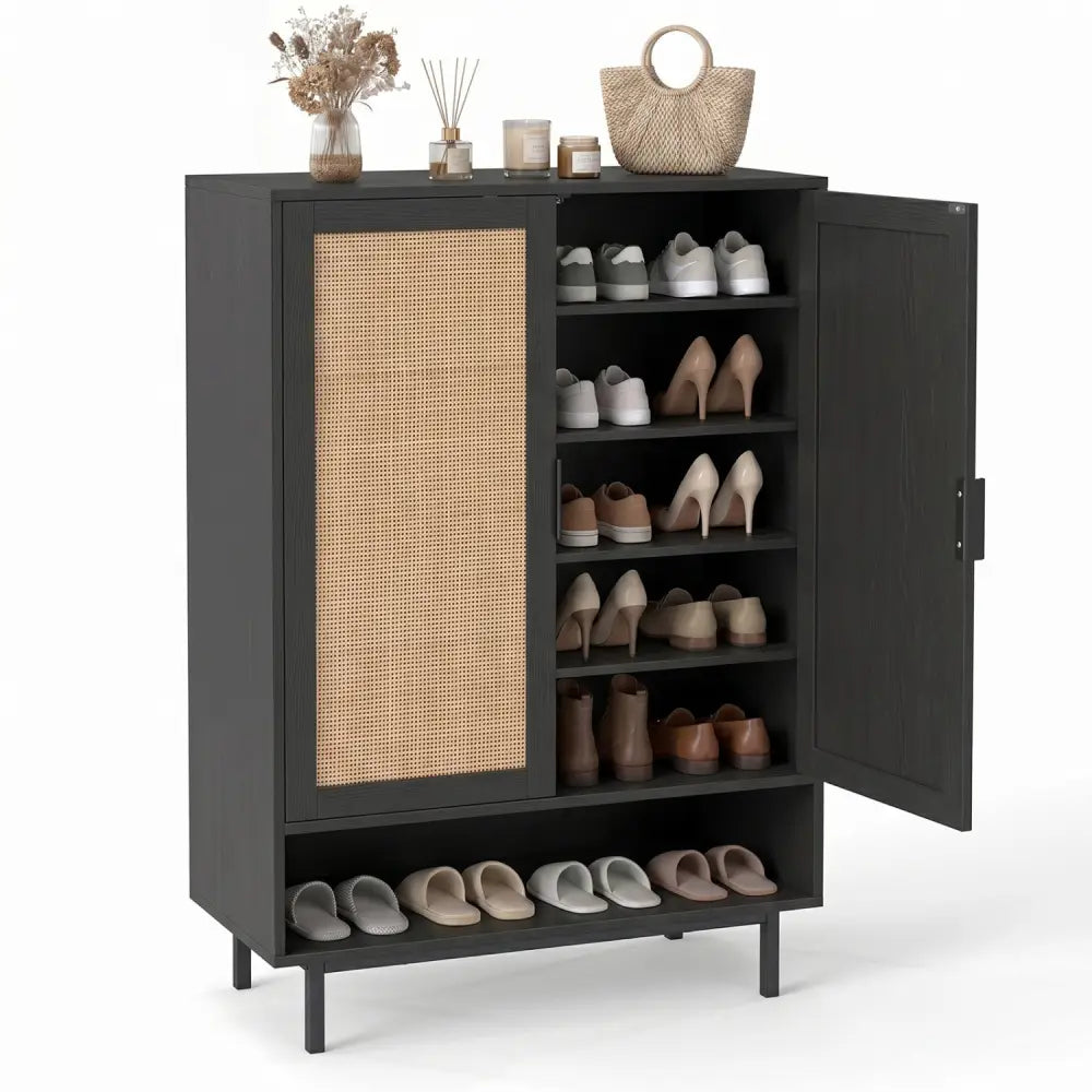 43 Inch 6-Tier Tall Shoe Cabinet with Double Doors-Black - Black - Shoe Racks & Storage Benches