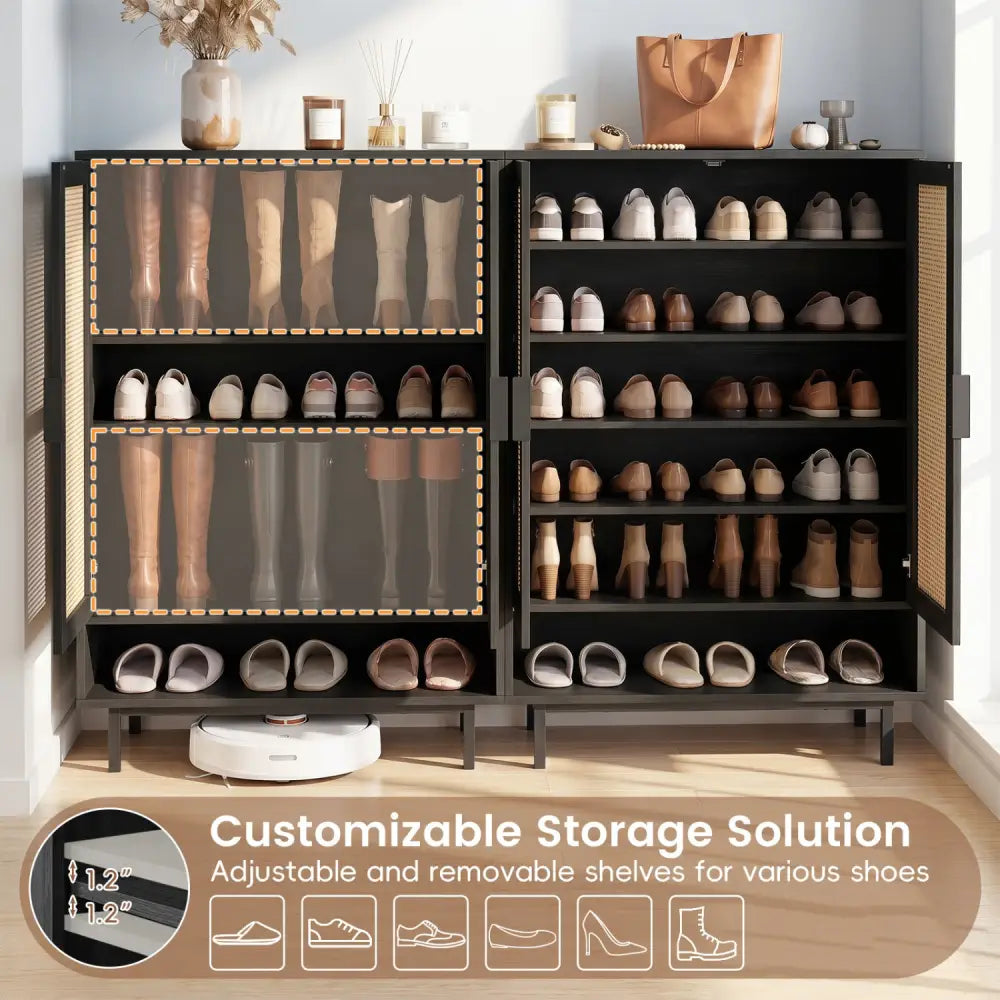 43 Inch 6-Tier Tall Shoe Cabinet with Double Doors-Black - Black - Shoe Racks & Storage Benches