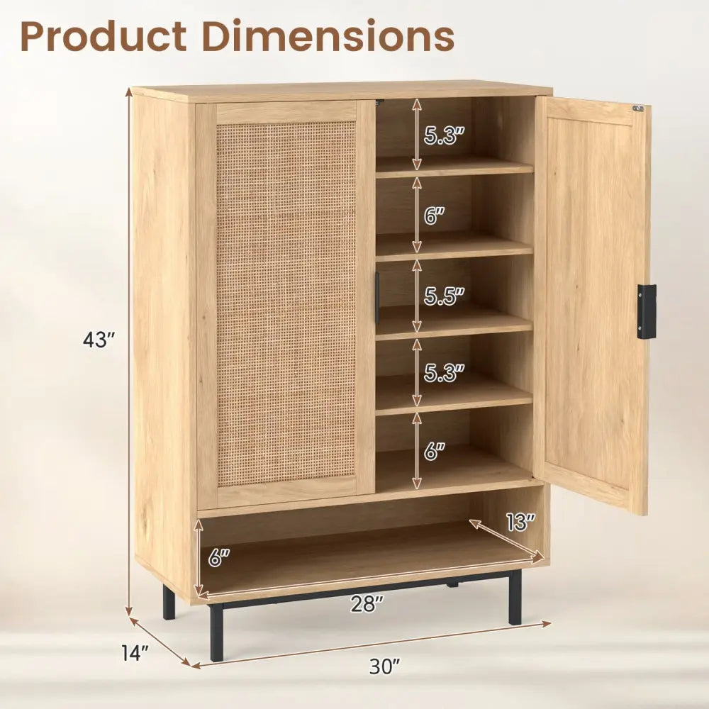 43 Inch 6-Tier Tall Shoe Cabinet with Double Doors-Natural - Natural - Shoe Racks & Storage Benches