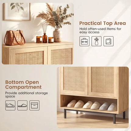 43 Inch 6-Tier Tall Shoe Cabinet with Double Doors-Natural - Natural - Shoe Racks & Storage Benches