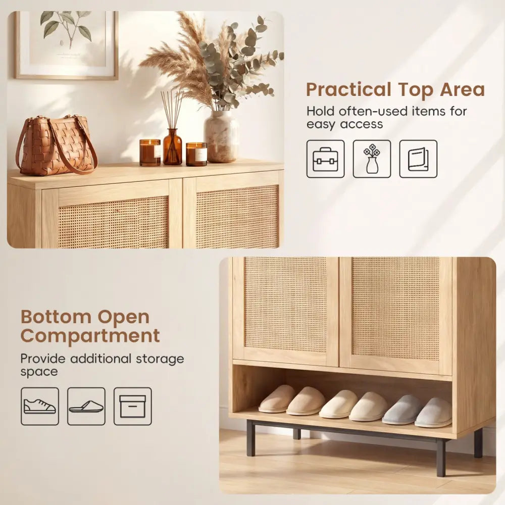43 Inch 6-Tier Tall Shoe Cabinet with Double Doors-Natural - Natural - Shoe Racks & Storage Benches