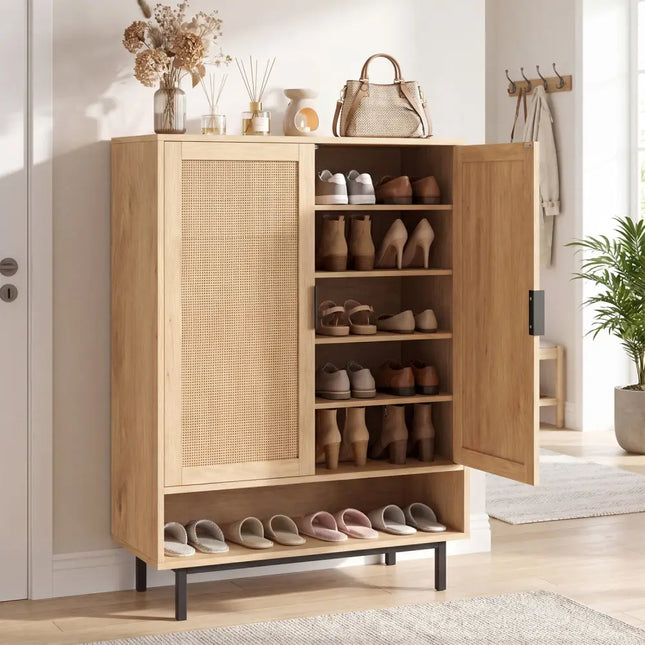 43 Inch 6-Tier Tall Shoe Cabinet with Double Doors-Natural - Natural - Shoe Racks & Storage Benches