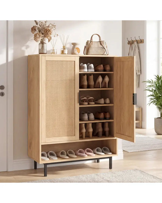 43 Inch 6-Tier Tall Shoe Cabinet with Double Doors-Natural - Natural - Shoe Racks & Storage Benches
