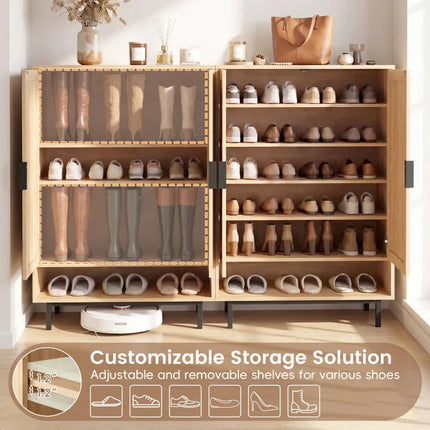 43 Inch 6-Tier Tall Shoe Cabinet with Double Doors-Natural - Natural - Shoe Racks & Storage Benches