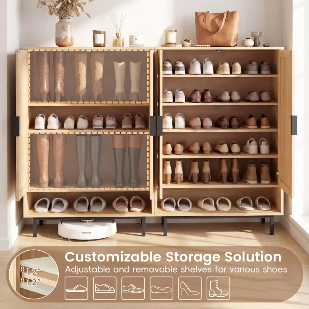 43 Inch 6-Tier Tall Shoe Cabinet with Double Doors-Natural - Natural - Shoe Racks & Storage Benches