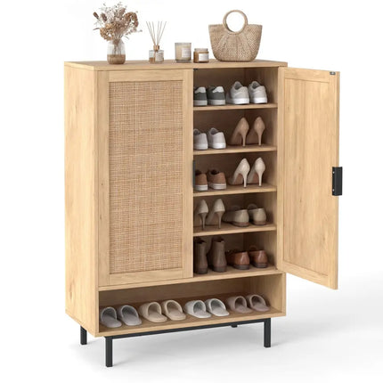 43 Inch 6-Tier Tall Shoe Cabinet with Double Doors-Natural - Natural - Shoe Racks & Storage Benches