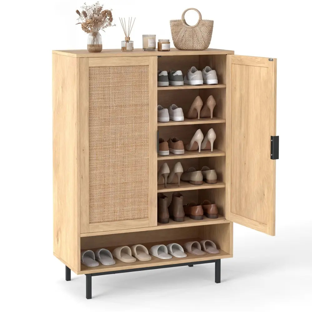 43 Inch 6-Tier Tall Shoe Cabinet with Double Doors-Natural - Natural - Shoe Racks & Storage Benches