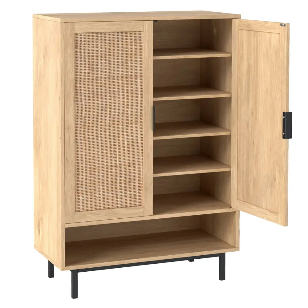 43 Inch 6-Tier Tall Shoe Cabinet with Double Doors-Natural - Natural - Shoe Racks & Storage Benches