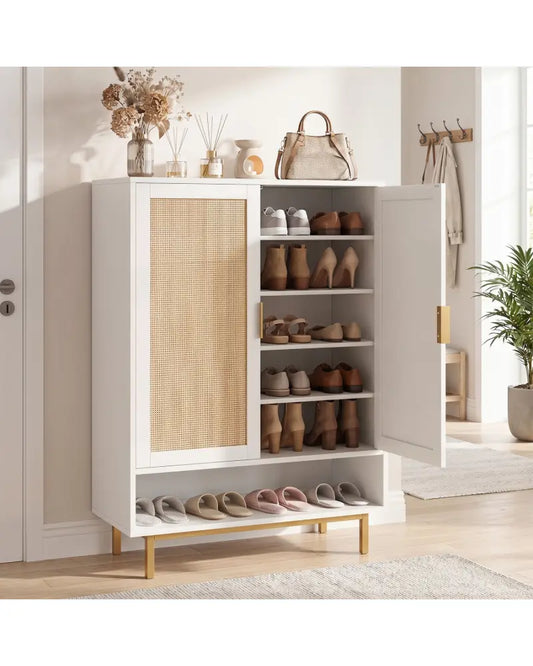 43 Inch 6-Tier Tall Shoe Cabinet with Double Doors-White - White - Shoe Racks & Storage Benches