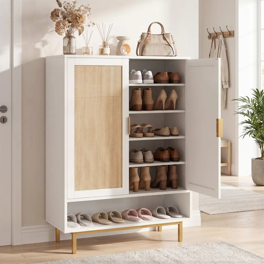 43 Inch 6-Tier Tall Shoe Cabinet with Double Doors-White - White - Shoe Racks & Storage Benches