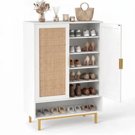 43 Inch 6-Tier Tall Shoe Cabinet with Double Doors-White - White - Shoe Racks & Storage Benches