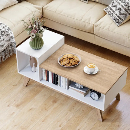 43 Inch Coffee Table with Stepped Tabletop and Storage Compartments-White Costway