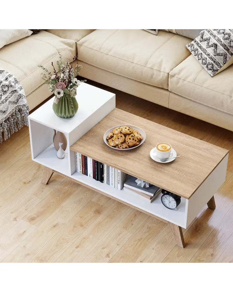 43 Inch Coffee Table with Stepped Tabletop and Storage Compartments-White - White - Coffee Tables