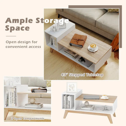 43 Inch Coffee Table with Stepped Tabletop and Storage Compartments-White Costway