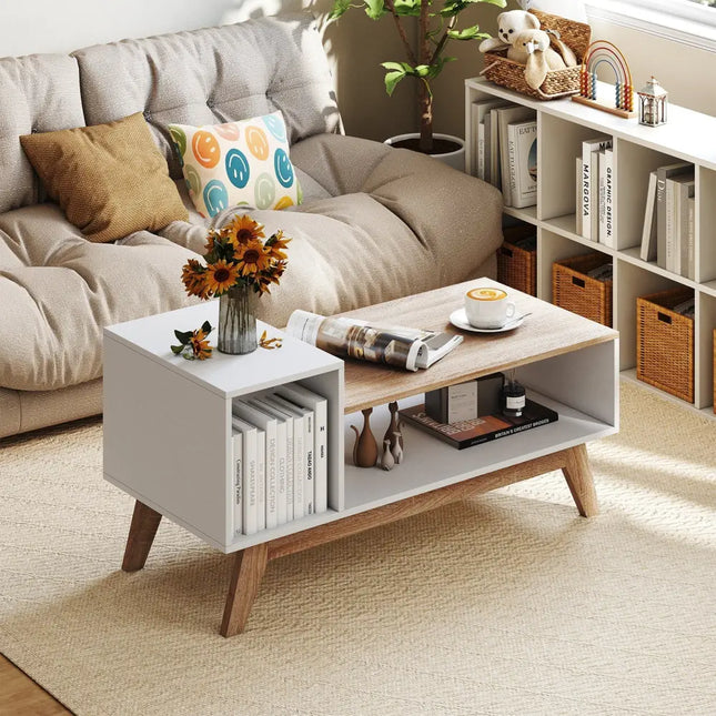 43 Inch Coffee Table with Stepped Tabletop and Storage Compartments-White Costway