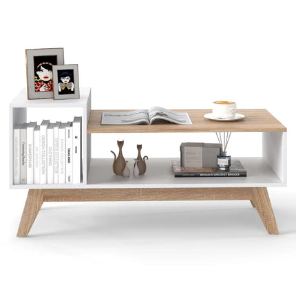 43 Inch Coffee Table with Stepped Tabletop and Storage Compartments-White Costway