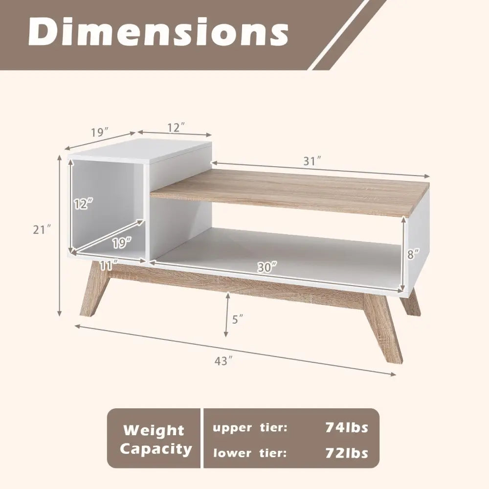 43 Inch Coffee Table with Stepped Tabletop and Storage Compartments-White - White - Coffee Tables