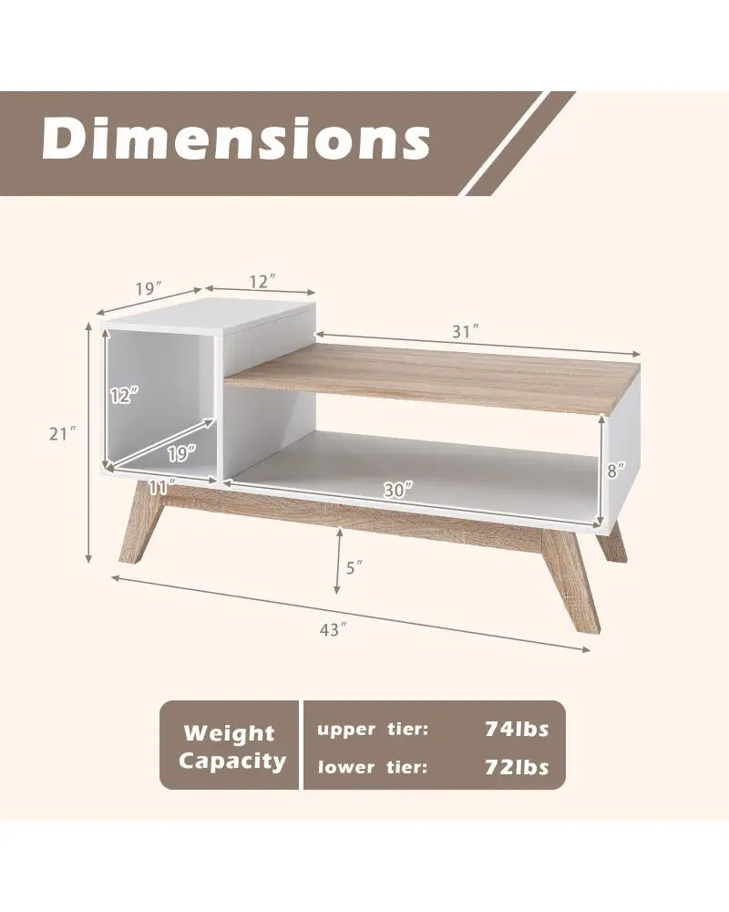 43 Inch Coffee Table with Stepped Tabletop and Storage Compartments-White - White - Coffee Tables