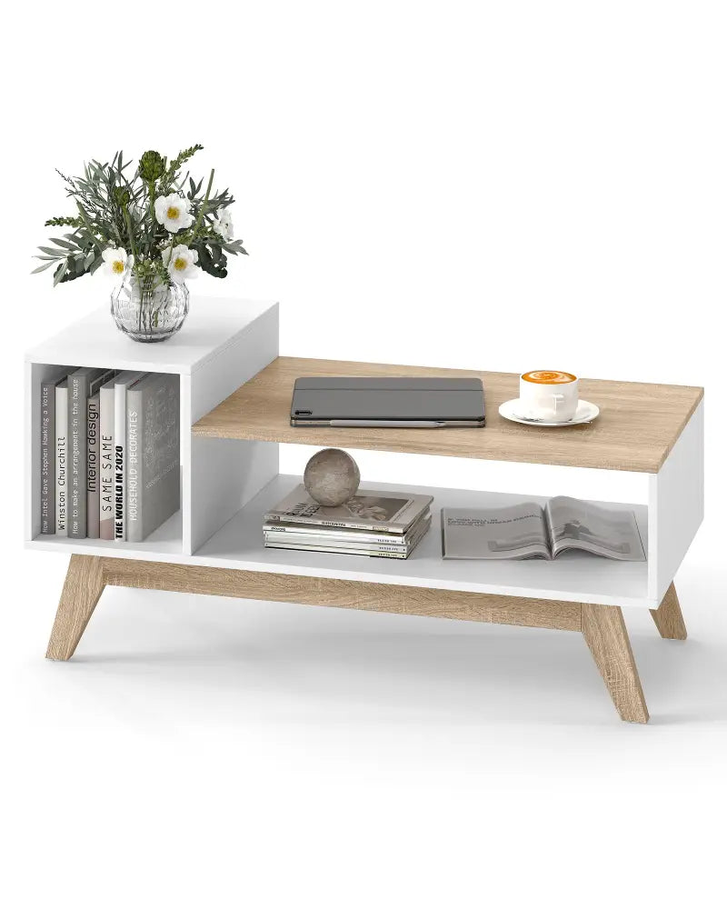 43 Inch Coffee Table with Stepped Tabletop and Storage Compartments-White - White - Coffee Tables