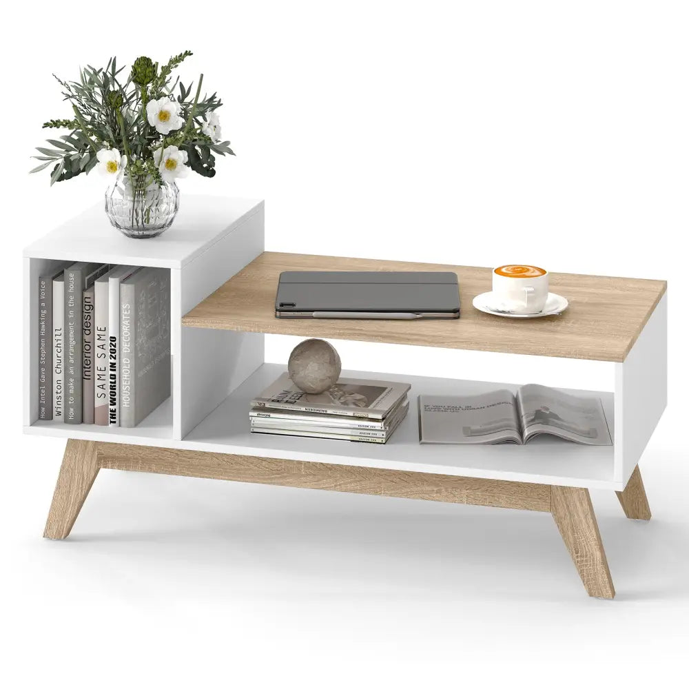 43 Inch Coffee Table with Stepped Tabletop and Storage Compartments-White - White - Coffee Tables