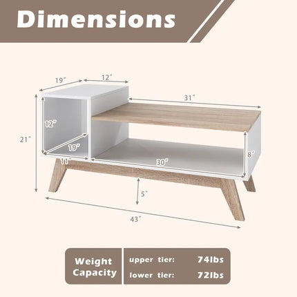 43 Inch Coffee Table with Stepped Tabletop and Storage Compartments-White Costway