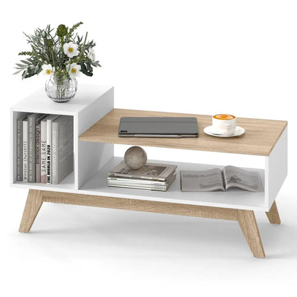 43 Inch Coffee Table with Stepped Tabletop and Storage Compartments-White Costway