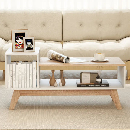 43 Inch Coffee Table with Stepped Tabletop and Storage Compartments-White Costway