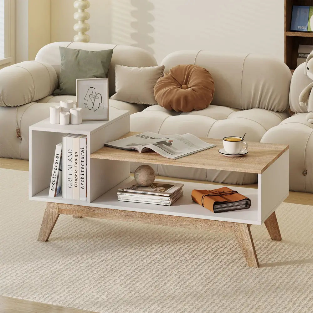 43 Inch Coffee Table with Stepped Tabletop and Storage Compartments-White - White - Coffee Tables