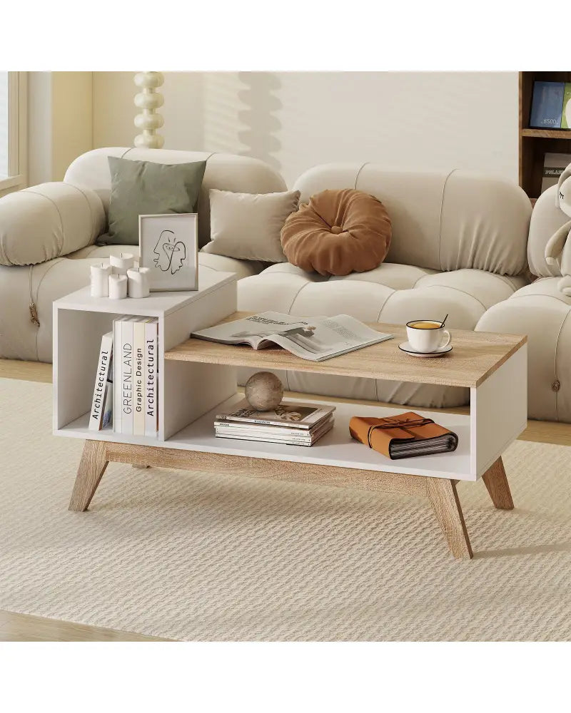 43 Inch Coffee Table with Stepped Tabletop and Storage Compartments-White - White - Coffee Tables