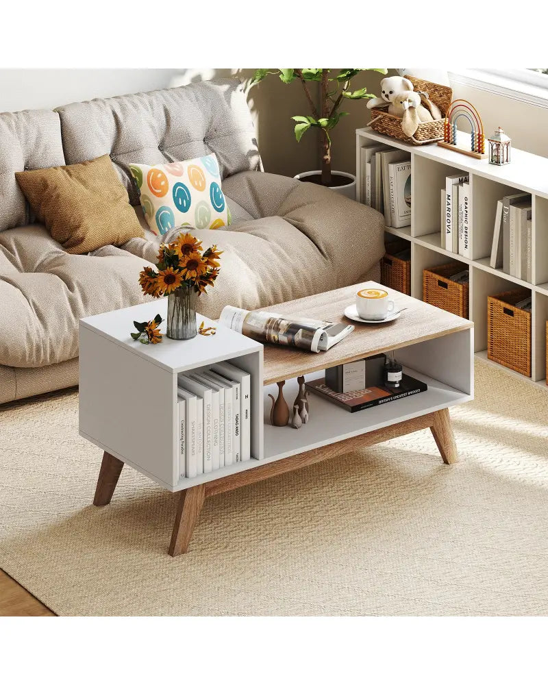 43 Inch Coffee Table with Stepped Tabletop and Storage Compartments-White - White - Coffee Tables