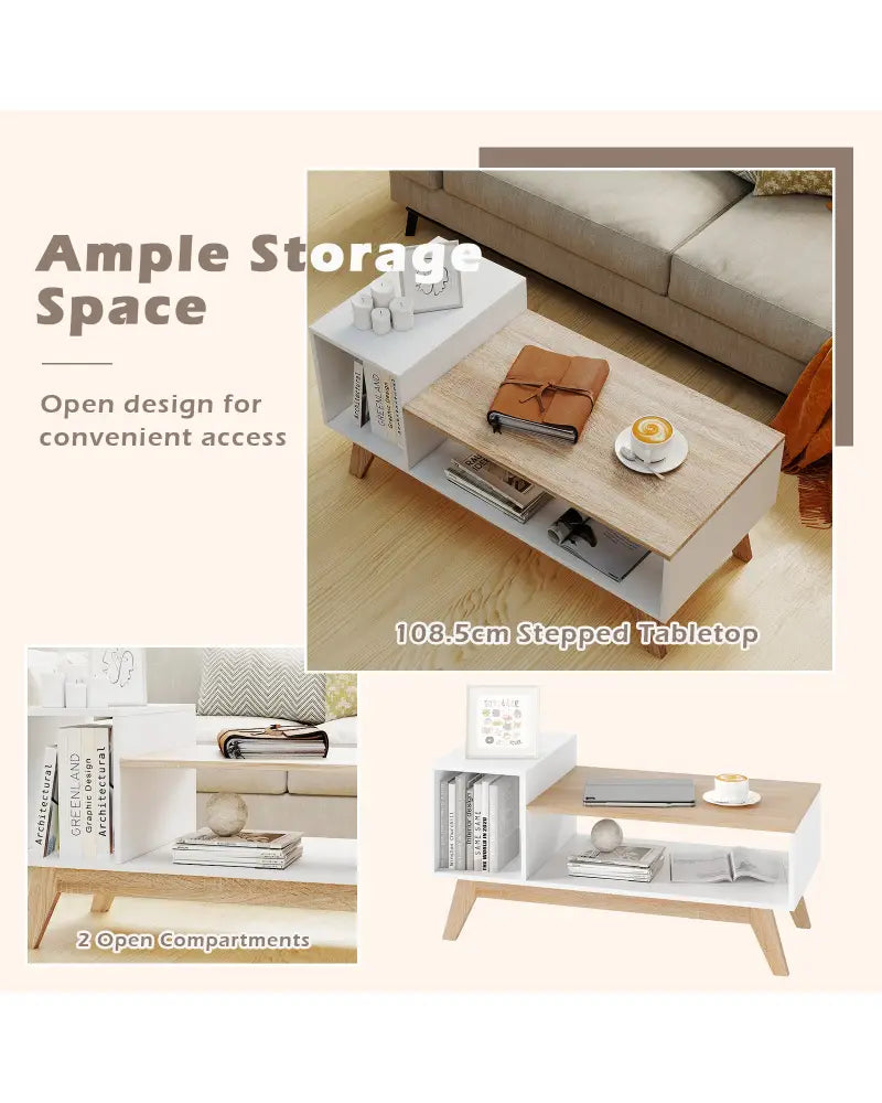 43 Inch Coffee Table with Stepped Tabletop and Storage Compartments-White - White - Coffee Tables