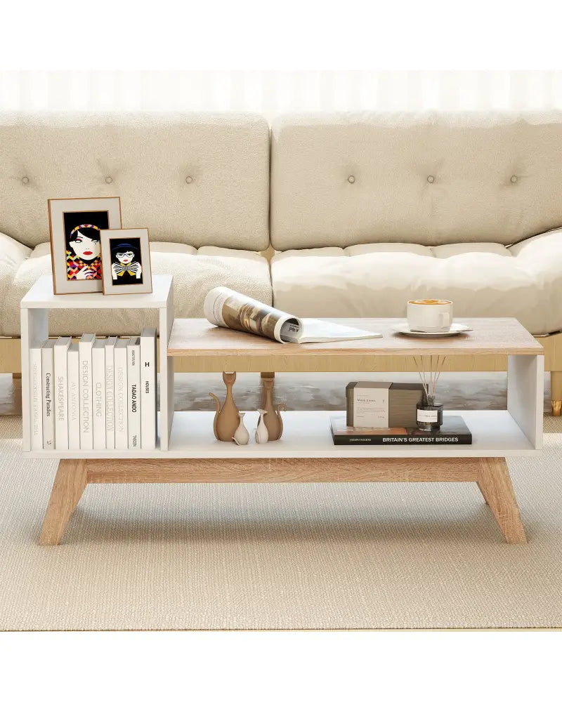 43 Inch Coffee Table with Stepped Tabletop and Storage Compartments-White - White - Coffee Tables