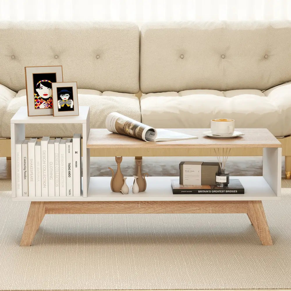 43 Inch Coffee Table with Stepped Tabletop and Storage Compartments-White - White - Coffee Tables