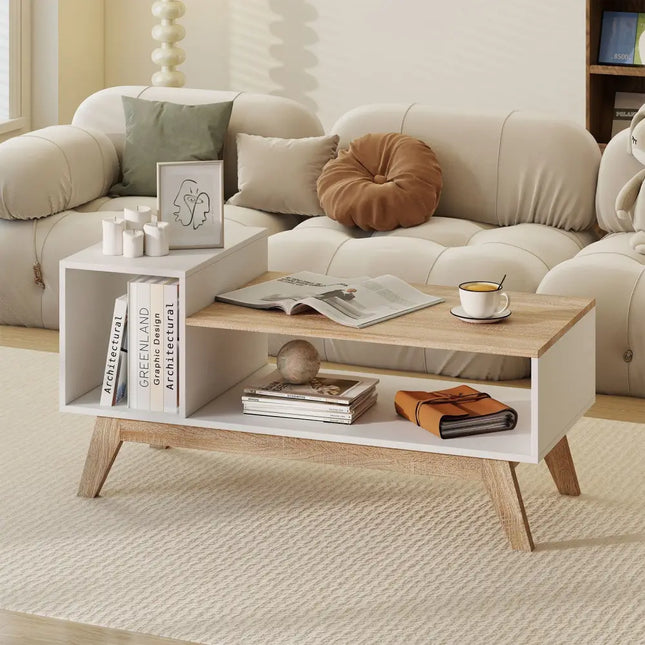 43 Inch Coffee Table with Stepped Tabletop and Storage Compartments-White Costway