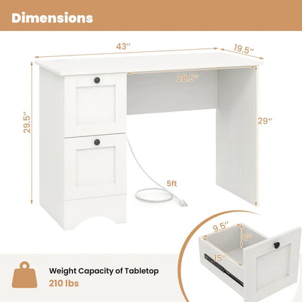 43 Inch Computer Desk with Charging Station for Living Room-White - White - Computer Desks