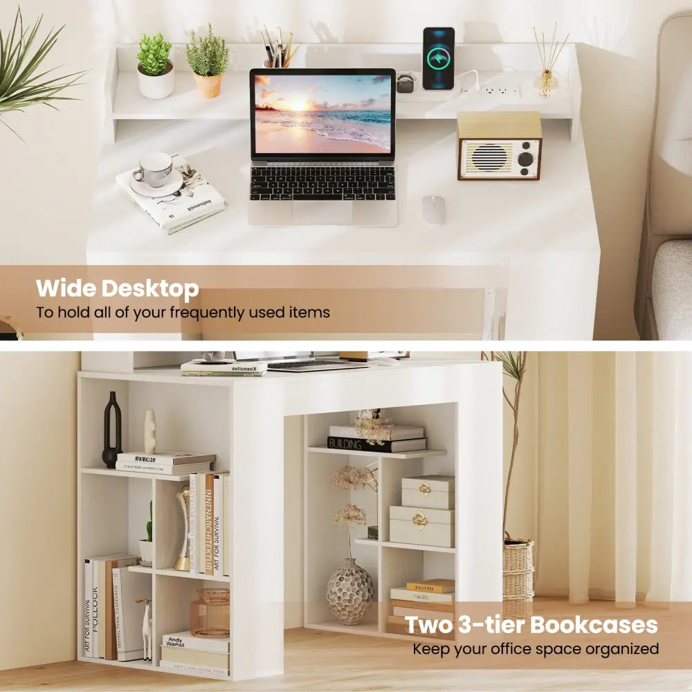 43 Inch Computer Desk with Power Outlets and 2 Bookcases-White - White - Computer Desks