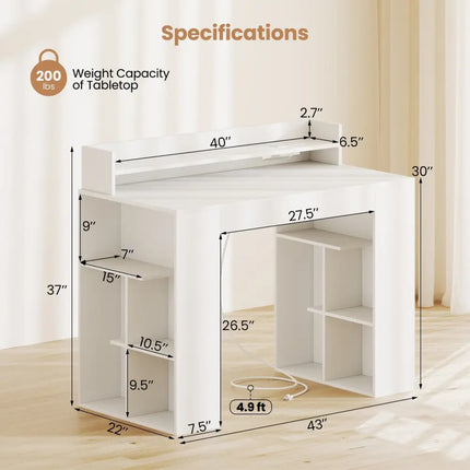 43 Inch Computer Desk with Power Outlets and 2 Bookcases-White Costway