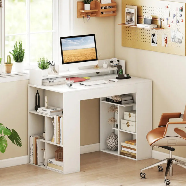 43 Inch Computer Desk with Power Outlets and 2 Bookcases-White Costway