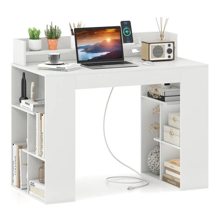43 Inch Computer Desk with Power Outlets and 2 Bookcases-White Costway