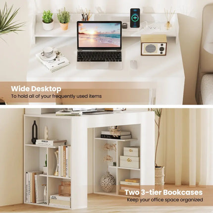 43 Inch Computer Desk with Power Outlets and 2 Bookcases-White Costway