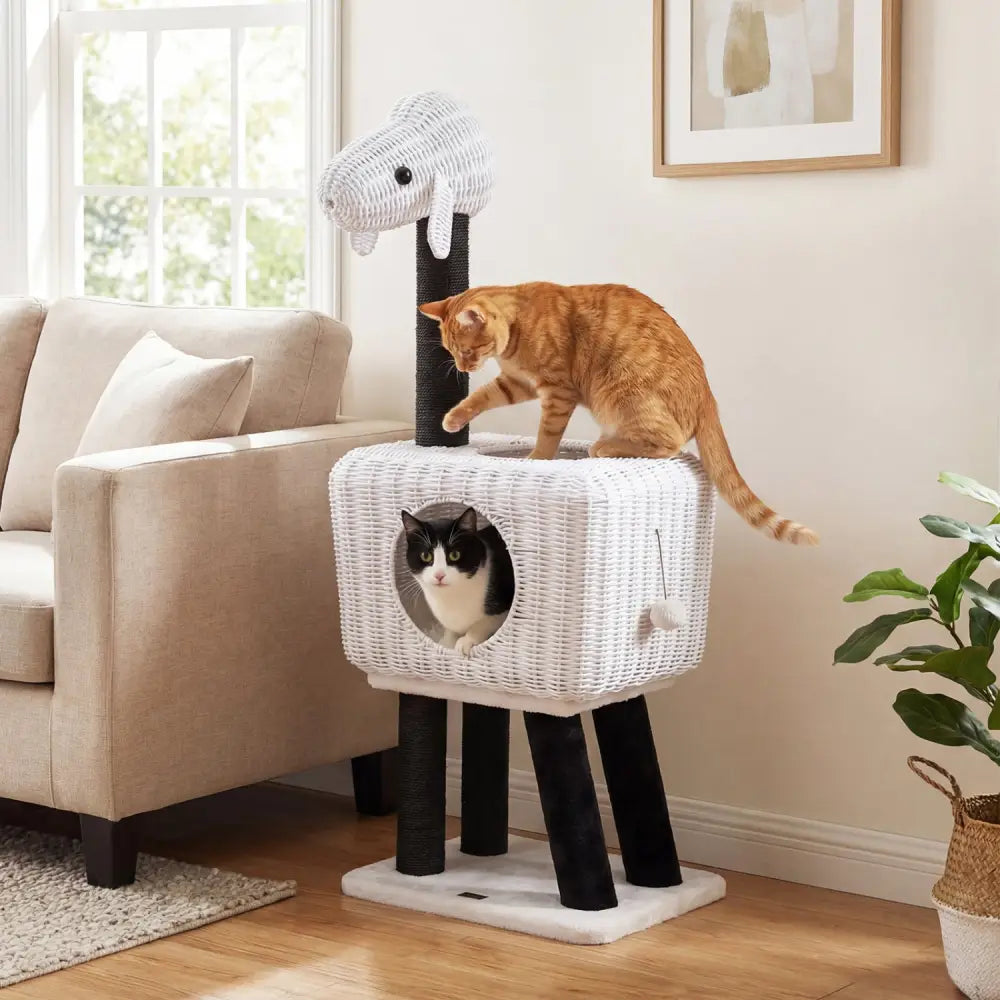 43-Inch Lamb-Shaped Cat Tower with 2-Door Rattan Condo for Indoor Kittens-White - White - Cat Trees Condos & Scratchers