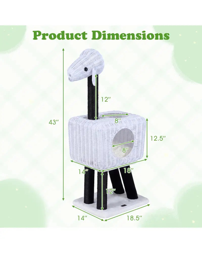 43-Inch Lamb-Shaped Cat Tower with 2-Door Rattan Condo for Indoor Kittens-White - White - Cat Trees Condos & Scratchers