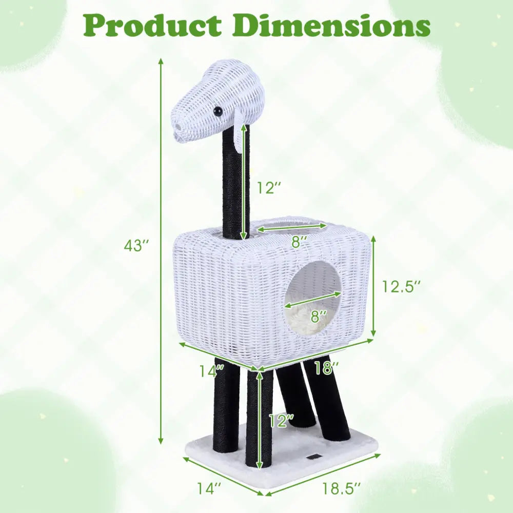43-Inch Lamb-Shaped Cat Tower with 2-Door Rattan Condo for Indoor Kittens-White - White - Cat Trees Condos & Scratchers