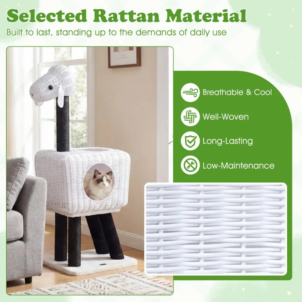 43-Inch Lamb-Shaped Cat Tower with 2-Door Rattan Condo for Indoor Kittens-White - White - Cat Trees Condos & Scratchers