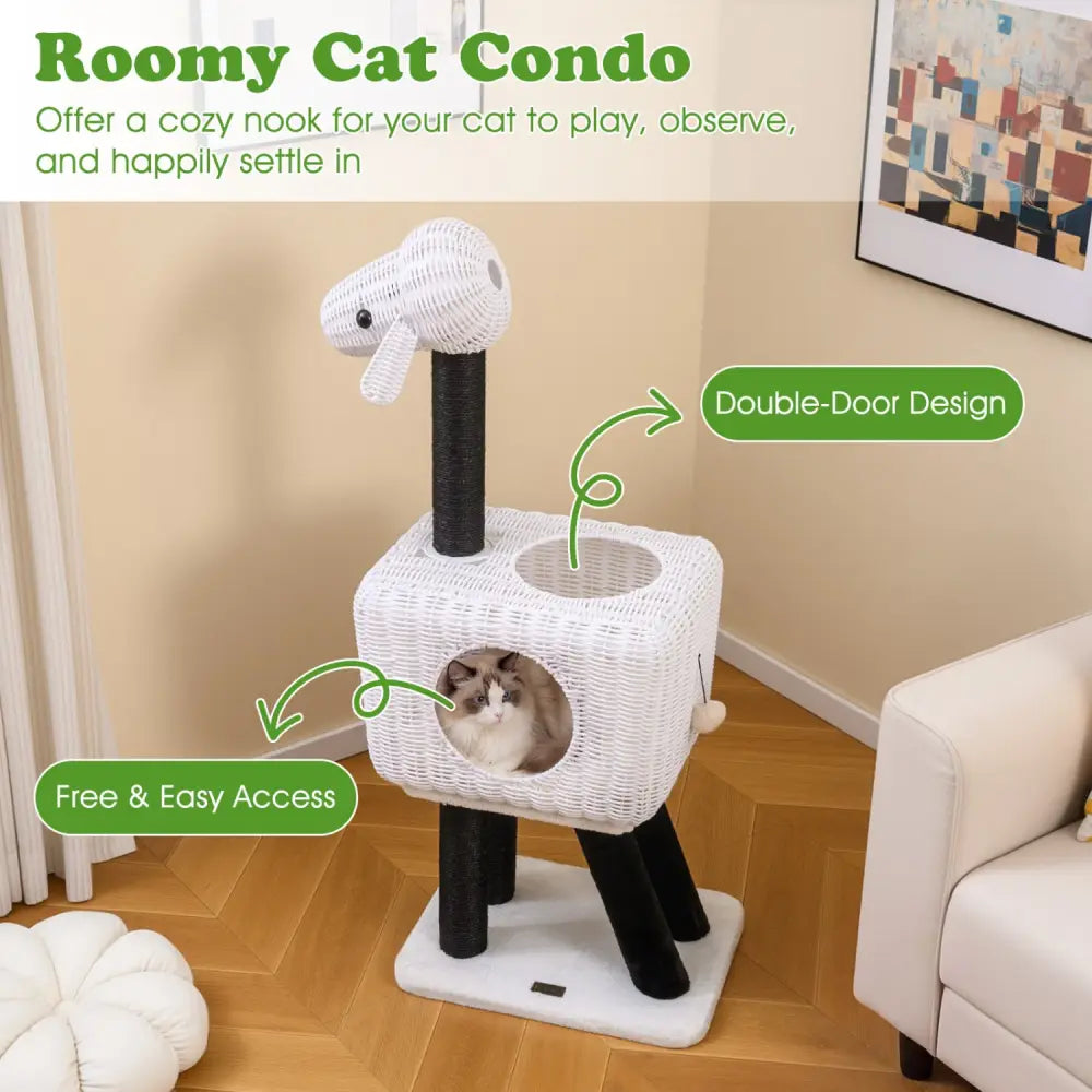 43-Inch Lamb-Shaped Cat Tower with 2-Door Rattan Condo for Indoor Kittens-White - White - Cat Trees Condos & Scratchers