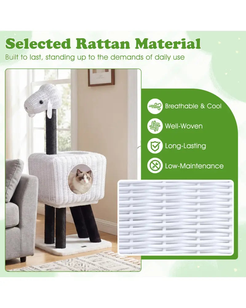 43-Inch Lamb-Shaped Cat Tower with 2-Door Rattan Condo for Indoor Kittens-White - White - Cat Trees Condos & Scratchers