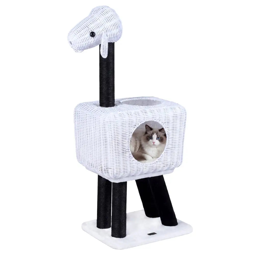 43-Inch Lamb-Shaped Cat Tower with 2-Door Rattan Condo for Indoor Kittens-White - White - Cat Trees Condos & Scratchers